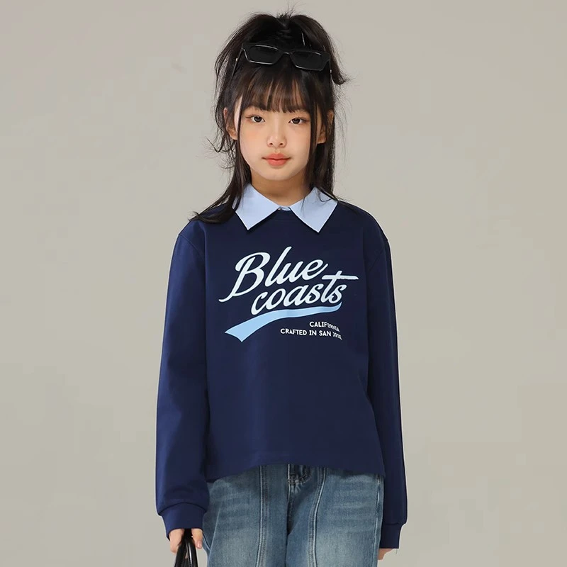 小女森女童春秋英文印花圆领蓝色卫衣中大童宽松基础长袖新款上衣