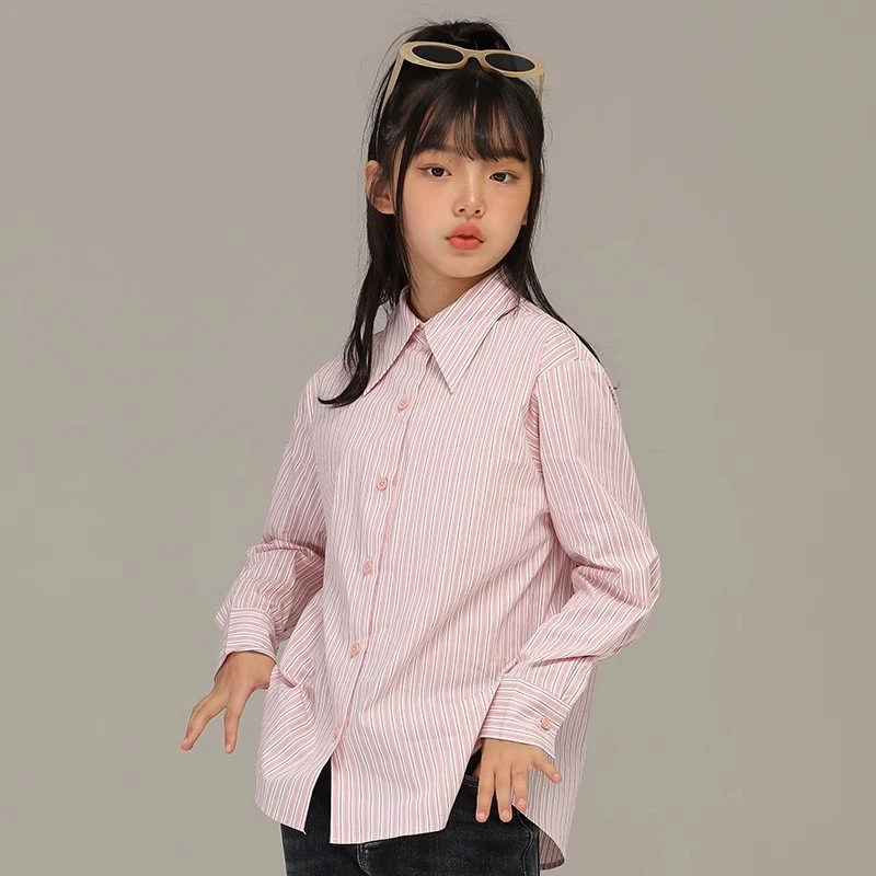 小女森女童秋冬洋气粉色条纹衬衫中大童打底衫百搭宽松休闲上衣潮