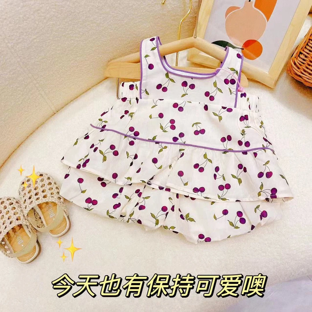 N65夏季新款韩版时尚女宝小夏款女童洋气小童套装小樱桃花苞裤子