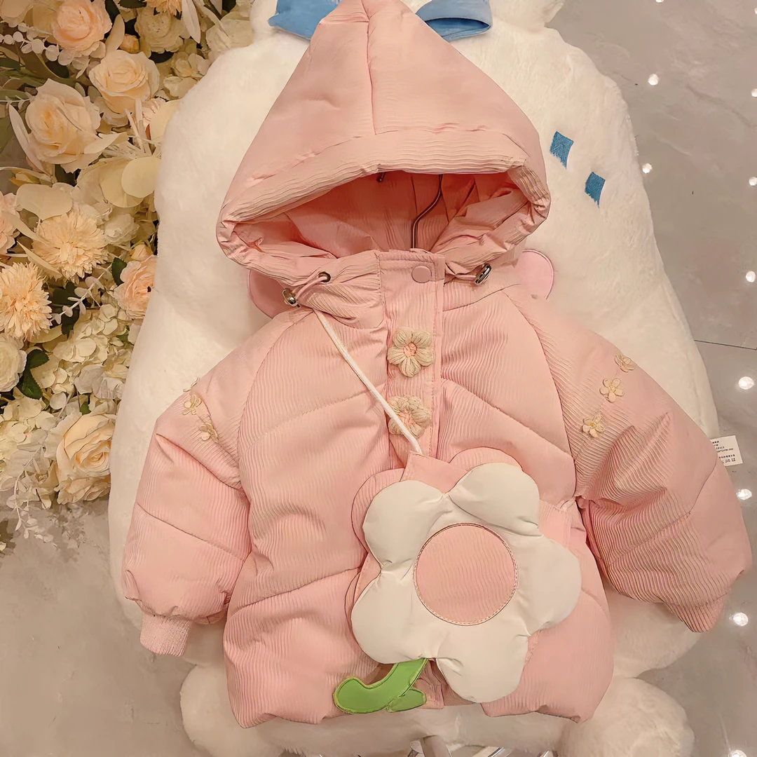 X11369   冬季新款可爱加绒加厚女童纯色连帽棉服粉色女宝外套