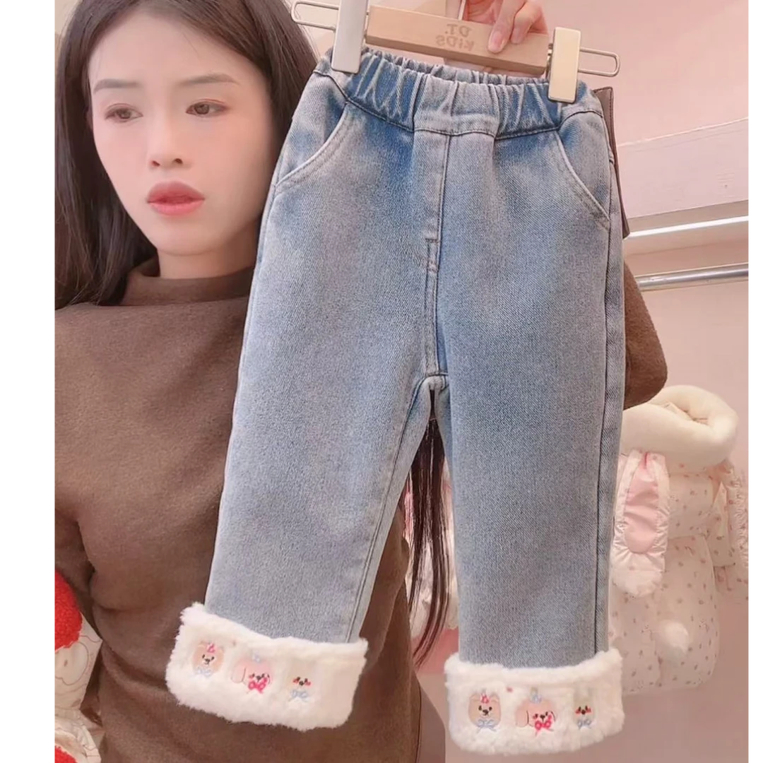 N3395   冬季新款时尚韩版女宝宝加绒时尚女童儿童百搭牛仔裤
