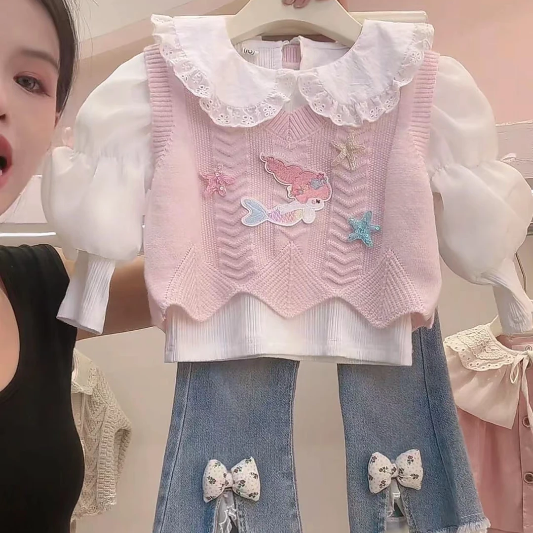 N1136秋季新款韩版女童手工卡通针织吊带衫+娃娃衫+牛仔裤套装