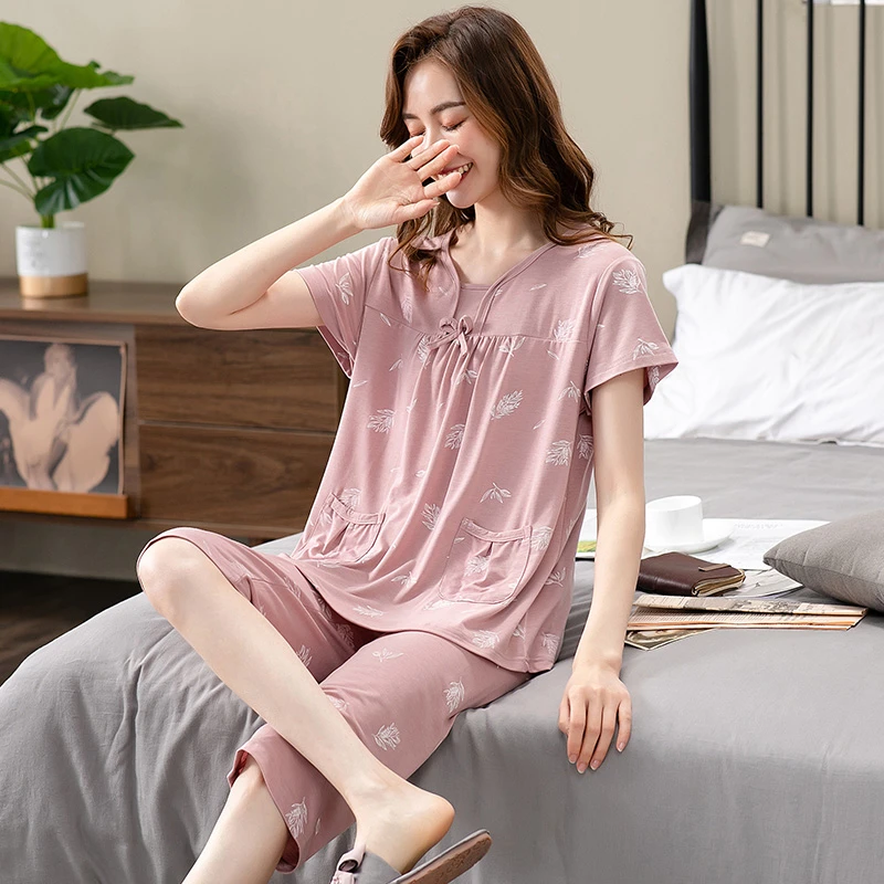 莫代尔睡衣女夏短袖七分裤套装夏季中老年妈妈宽松大码薄款家居服