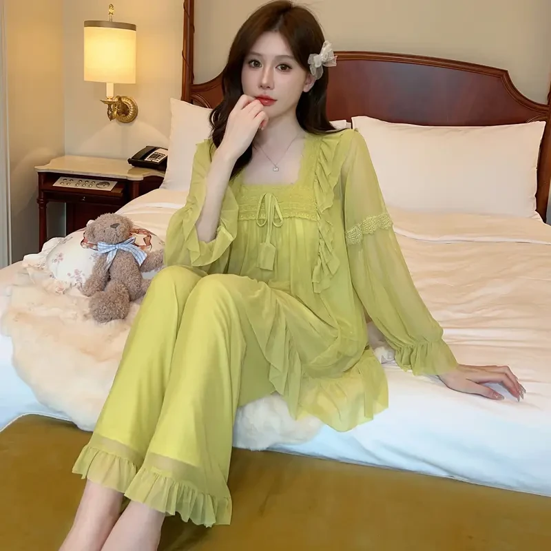 带胸垫睡衣女春秋长袖女款爆款2025新款套头可外穿时尚家居服套装