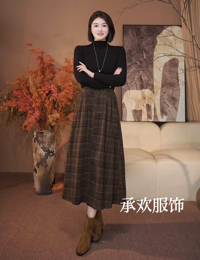 【承欢】显瘦格子裙A版裙冬款加厚毛呢高腰松紧复古气质长款文艺女