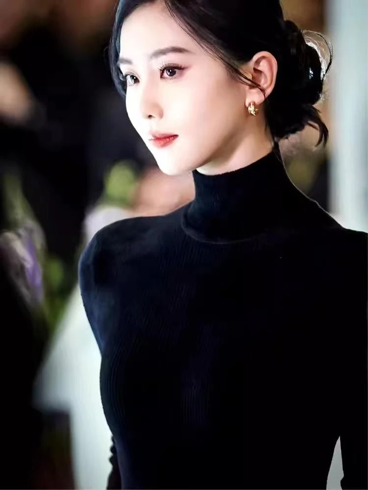 【刘诗诗同款天鹅颈3】秋冬黑色半高领女士针织打底衫弹力内搭毛衣