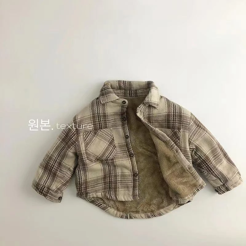 儿童加绒衬衫2024冬季新款中小童加厚北极绒衬衣男女宝保暖上衣