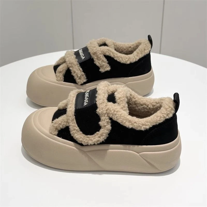 2024爆款厚底面包鞋女冬季加厚魔术贴板鞋可爱加绒网红松糕鞋潮