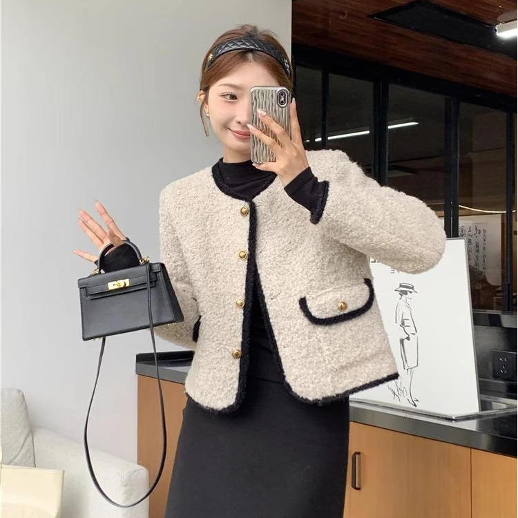 2458#内里加厚毛毛外套秋冬新款韩版女装时尚气质小个子百搭上衣