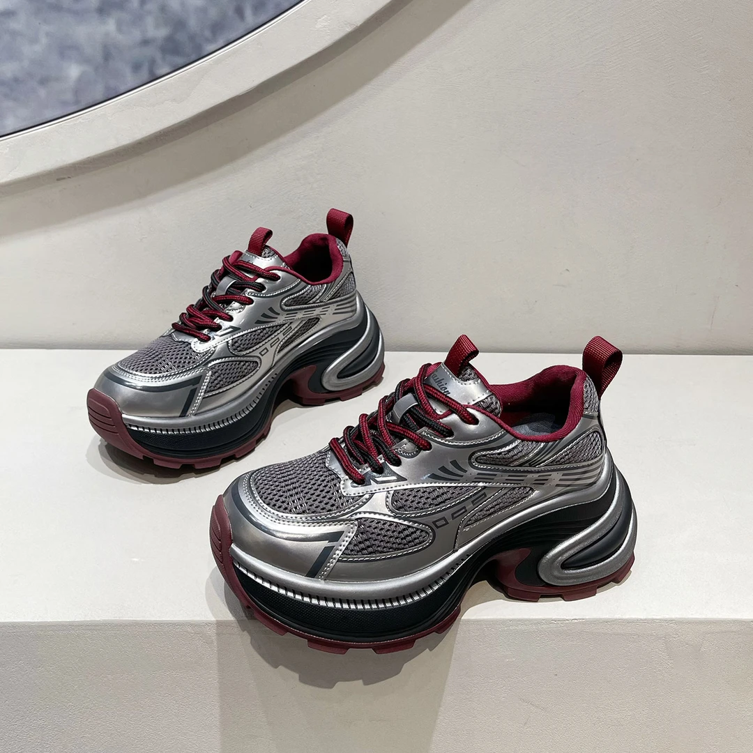 安可拉红真皮厚底老爹鞋女2025新款秋季百搭松糕增高女鞋休闲运动