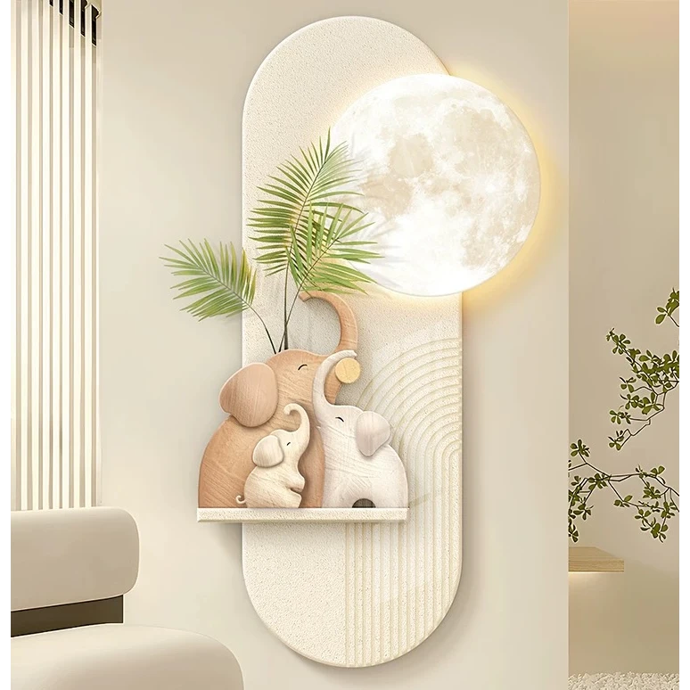 奶油风玄关装饰画大象带灯客厅走廊高级感壁灯立体发光创意挂画