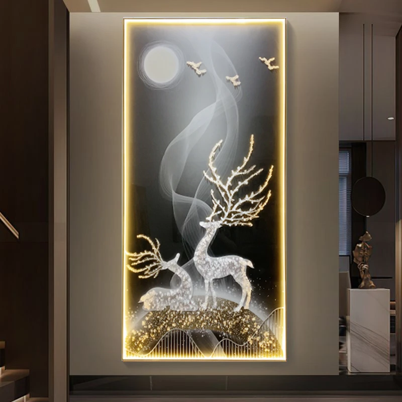 玄关装饰画带灯现代简约风高级感福鹿系列百搭背景墙镶钻晶瓷挂画