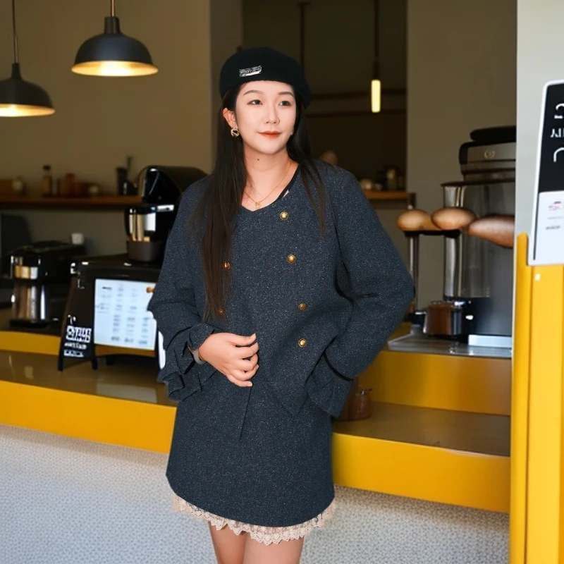 冬季大码女装mm法式小香风毛呢套装