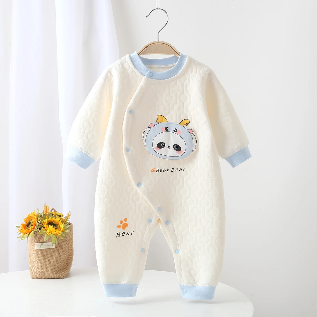 秋冬季婴幼儿保暖连体衣男女夹棉哈衣偏扣护肚无骨纯棉新生儿睡衣