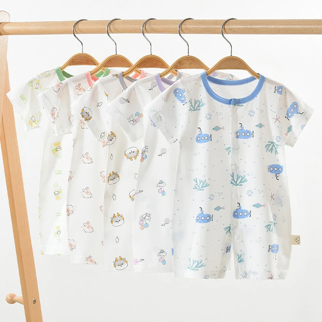 婴儿短袖连体衣纯棉夏季薄款男女宝宝半袖哈衣网眼爬服新生儿夏装