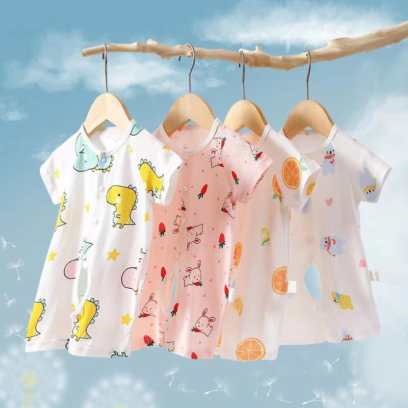 婴儿短袖连体衣开裆半袖宝宝爬服新生儿夏季纯棉薄款透气短哈夏装