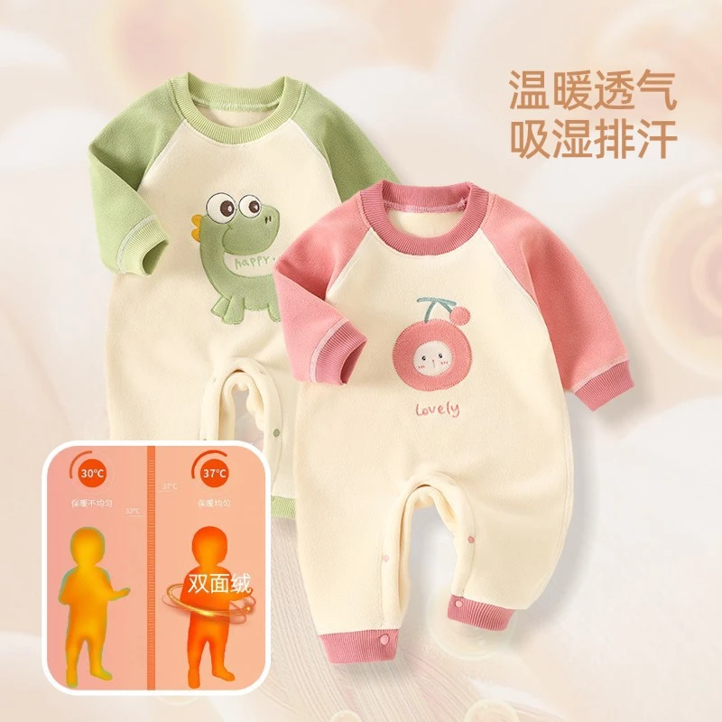 婴儿哈衣秋冬奥利绒保暖连体衣套头加绒加厚爬服男女宝宝家居服