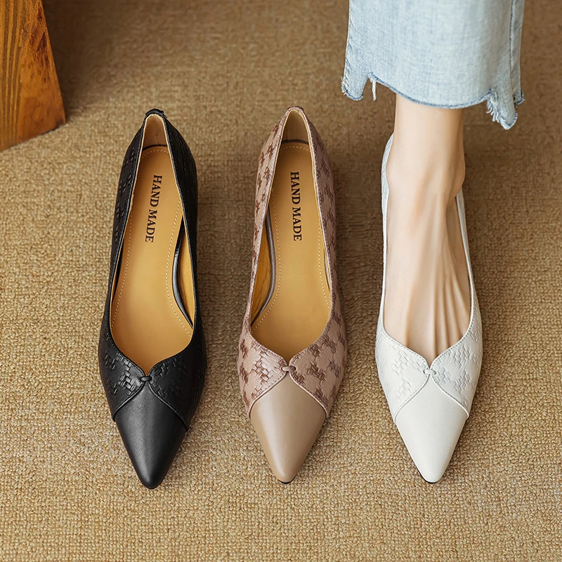 5cm舒适中跟小香风高跟鞋真皮尖头拼色单鞋春秋复古百搭细跟单鞋