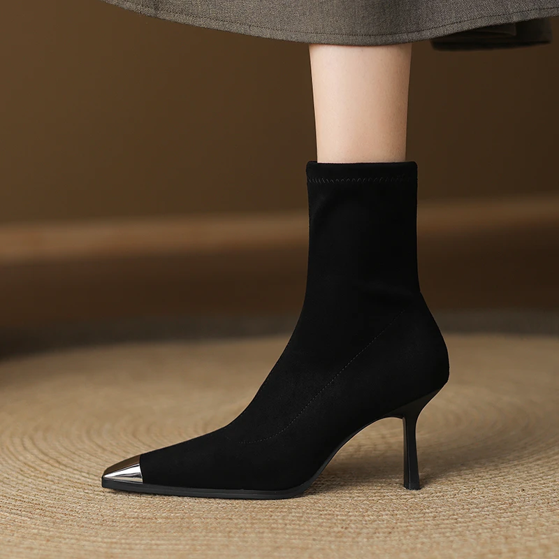 7.5CM法式金属头细跟弹力靴百搭今年流行的短靴冬时尚高跟瘦瘦靴