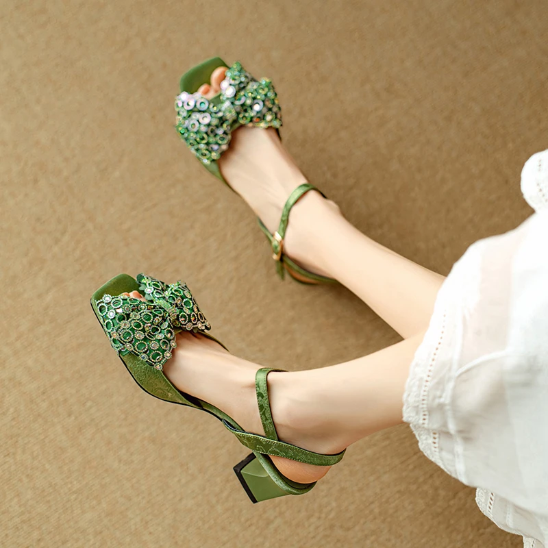 5CM粗跟蝴蝶结凉鞋百搭中跟一字扣带仙女鞋法式真皮绿色高跟鞋女