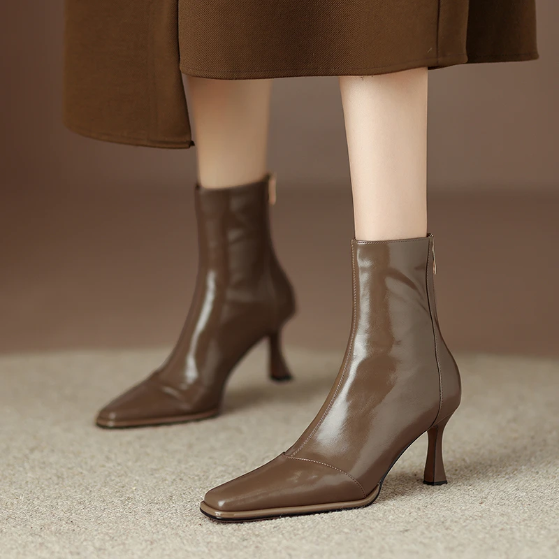 6.5cm方头细跟短靴女性感气质高跟鞋适合搭裙子的靴子全真皮单靴