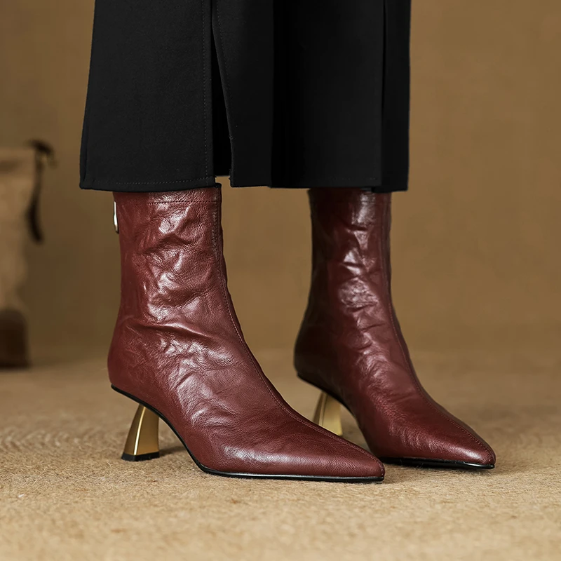 6CM法式复古细跟及踝靴羊皮百搭尖头高跟短靴舒适不累脚中跟裸靴