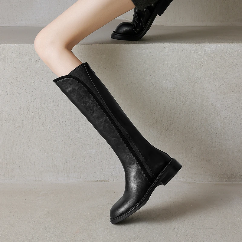 3CM平底长靴百搭真皮不过膝高筒靴2024新款英伦风加绒粗跟长筒靴