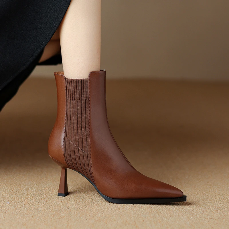7.5CM真皮细跟性感踝靴棕色百搭尖头短靴冬时尚加绒法式高跟靴子