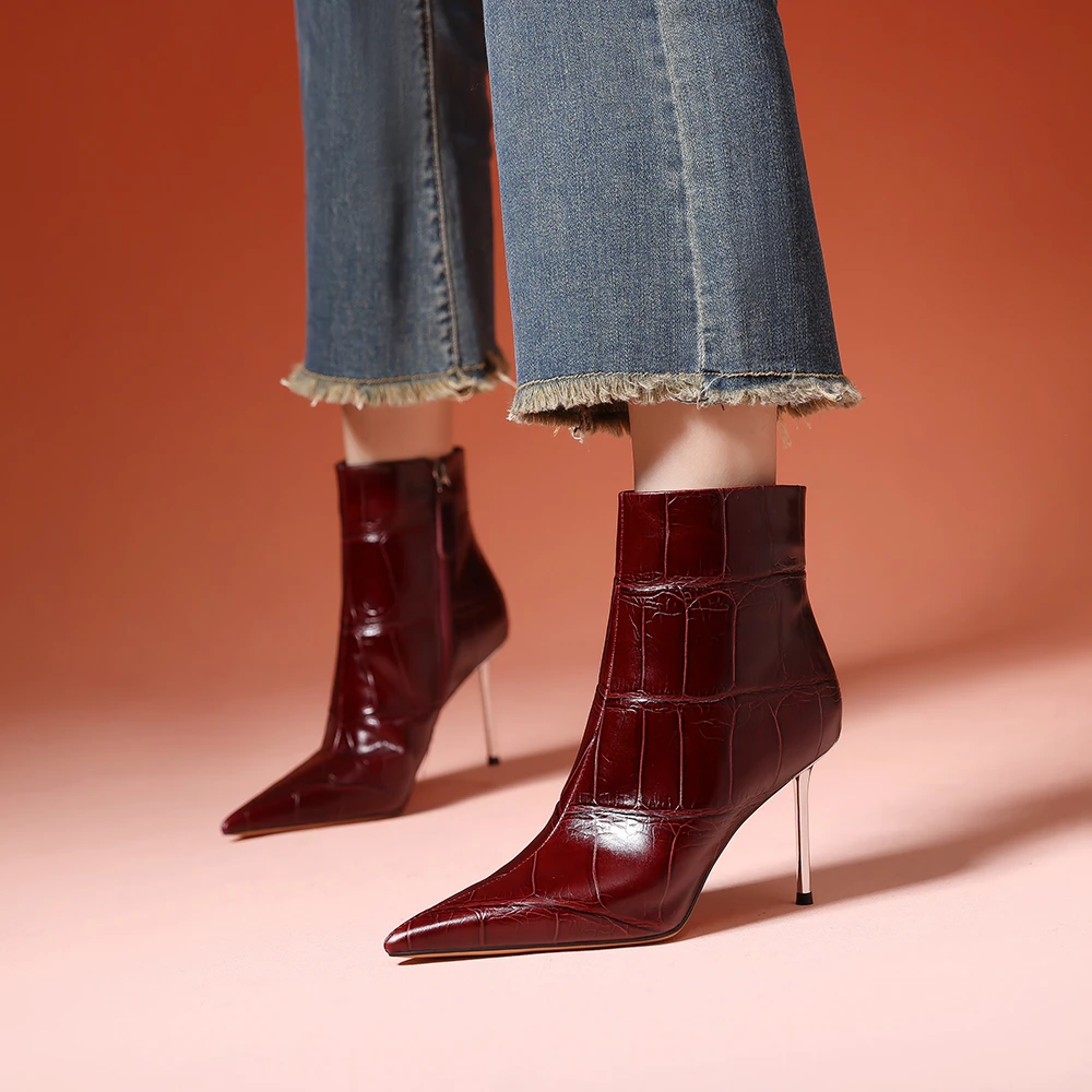 8.5CM细高跟短靴尖头时尚性感酒红色法式真皮女靴秋冬百搭时装靴