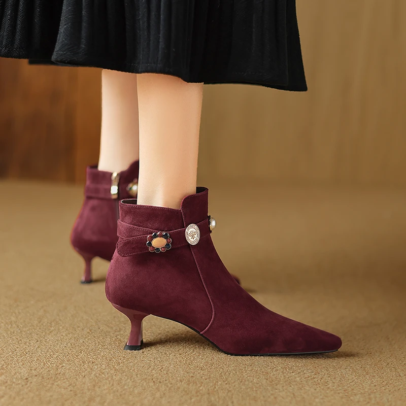 5CM小香风金属扣尖头细跟短靴百搭磨砂皮时装靴秋冬安哥拉红裸靴