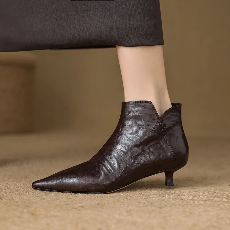 3.5CM秋冬新款v口及踝靴真皮百搭低跟靴子法式尖头细跟小短靴棕色