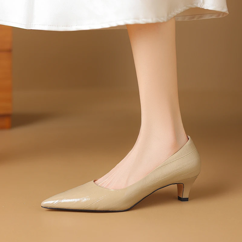 4.5cm羊皮舒适中跟职业高跟鞋细跟杏色浅口女鞋春夏时尚气质女鞋