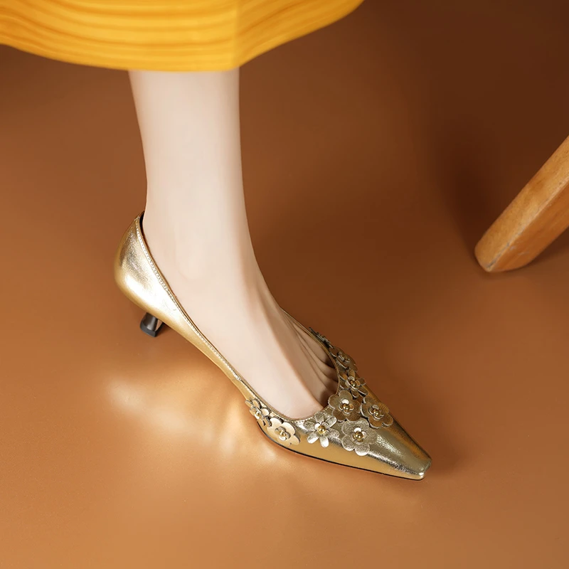 5.5cm轻奢细跟高跟鞋金色时尚宴会鞋春夏百搭真皮小方头单鞋真皮