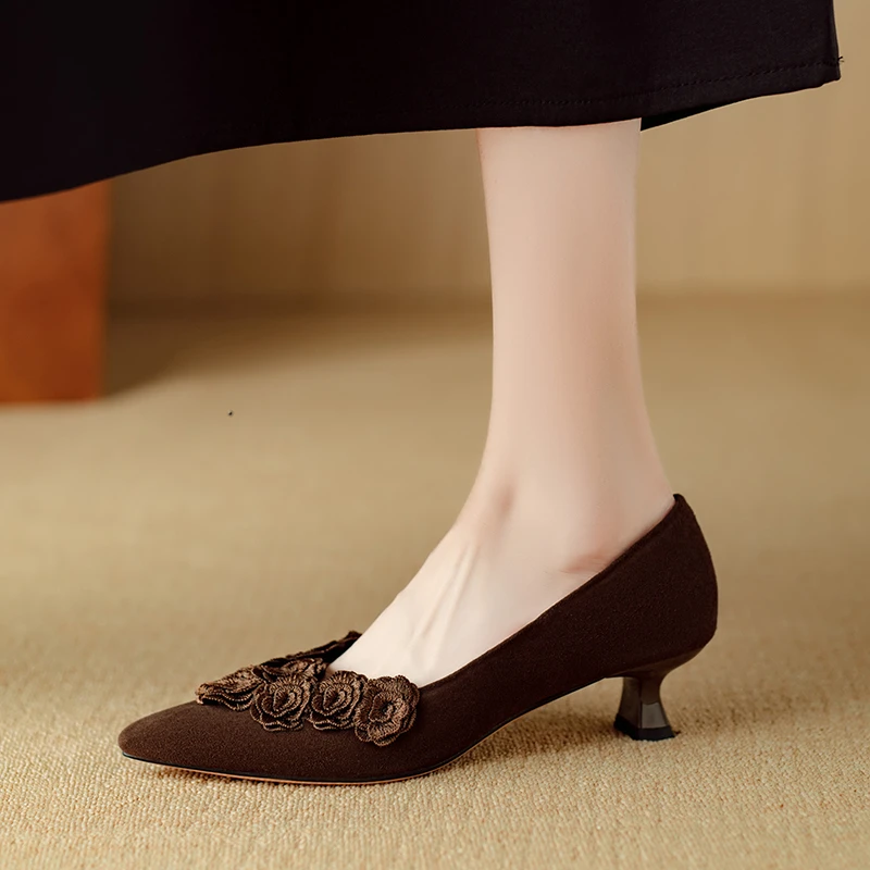 4CM法式花朵高跟鞋细跟时尚气质女鞋春秋百搭真皮浅口绒面单鞋女