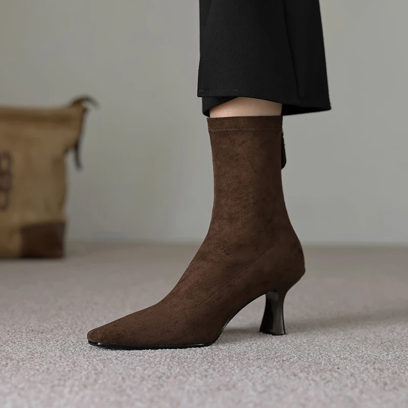6.5CM磨砂皮包腿瘦瘦靴细跟法式方头气质弹力靴秋冬新款绒面短靴