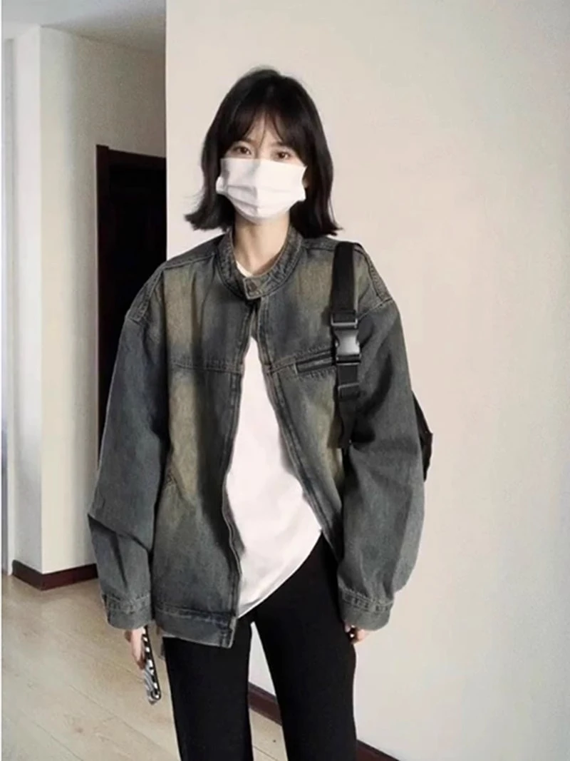 美式复古水洗做旧蓝色牛仔外套女春秋款设计感宽松工装夹克上衣潮