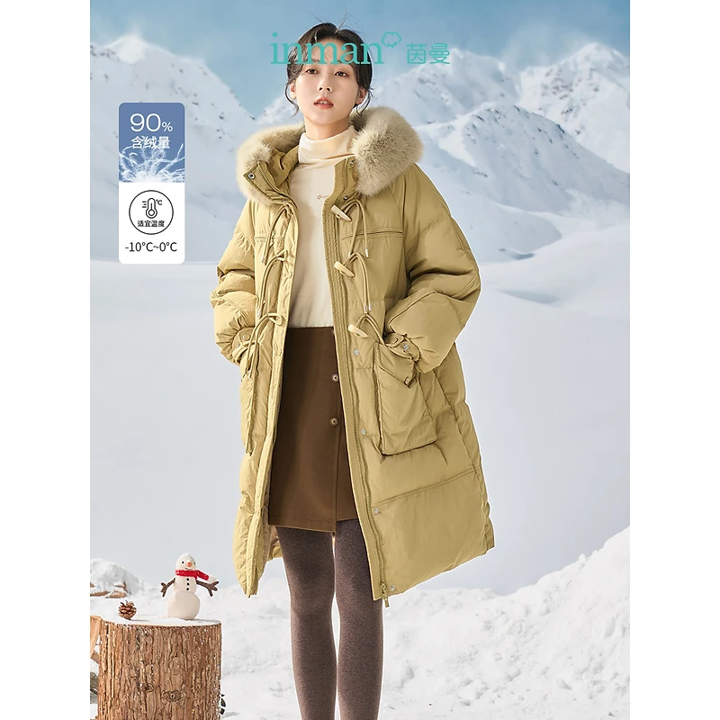 茵曼冬新款简约连帽毛领长款羽绒插肩宽松长款羽绒服18247307