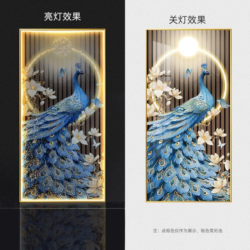 孔雀玄关装饰画高端大气壁画LED灯光画高级感走廊入户过道晶瓷画