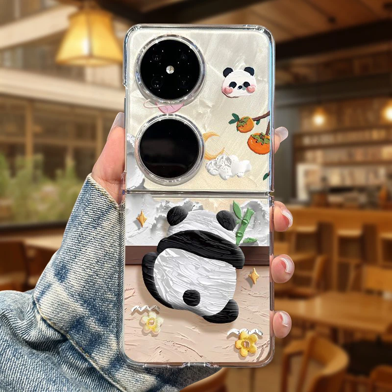油画熊猫华为pocket2折叠屏网红P50pocket可爱全包创意透明壳个性