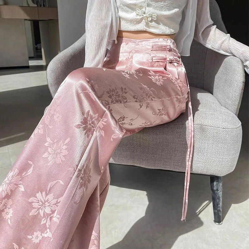 冰丝印花阔腿裤女夏季薄款2024新款高腰垂感新中式国风窄版直筒裤