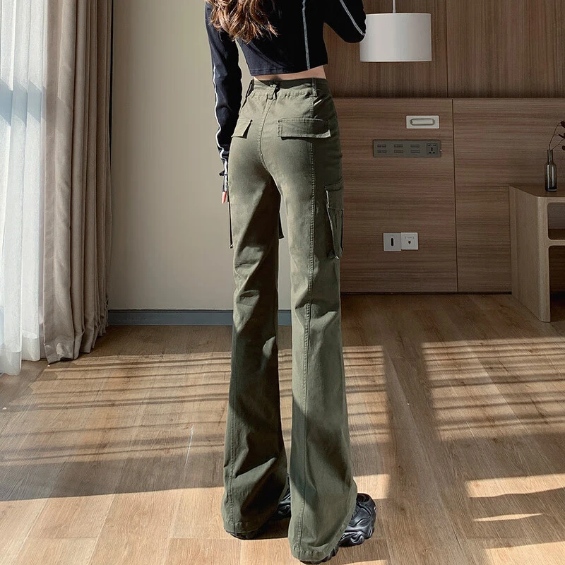 加绒微喇工装裤女2025秋冬高腰显瘦高个子加长美式高街口袋喇叭裤