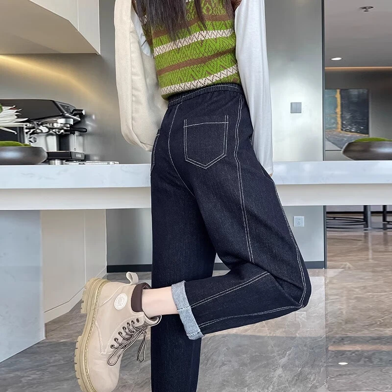 丹宁蓝老爹牛仔裤女2024年秋季新款高腰宽松显瘦小个子复古哈伦裤