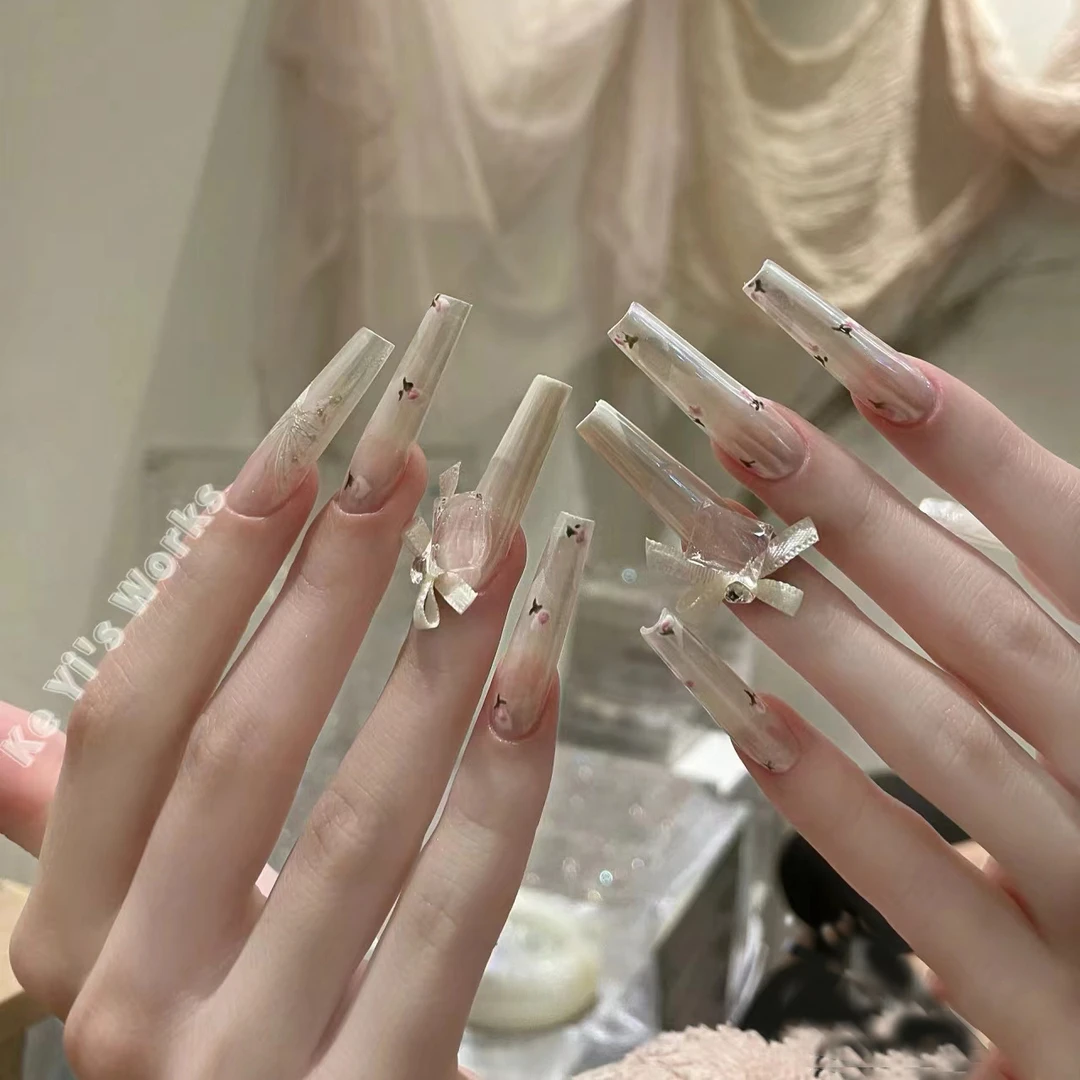 纯手工穿戴甲甲片新款长款轻奢月光粉蝴蝶美甲甲片美甲假假指甲片