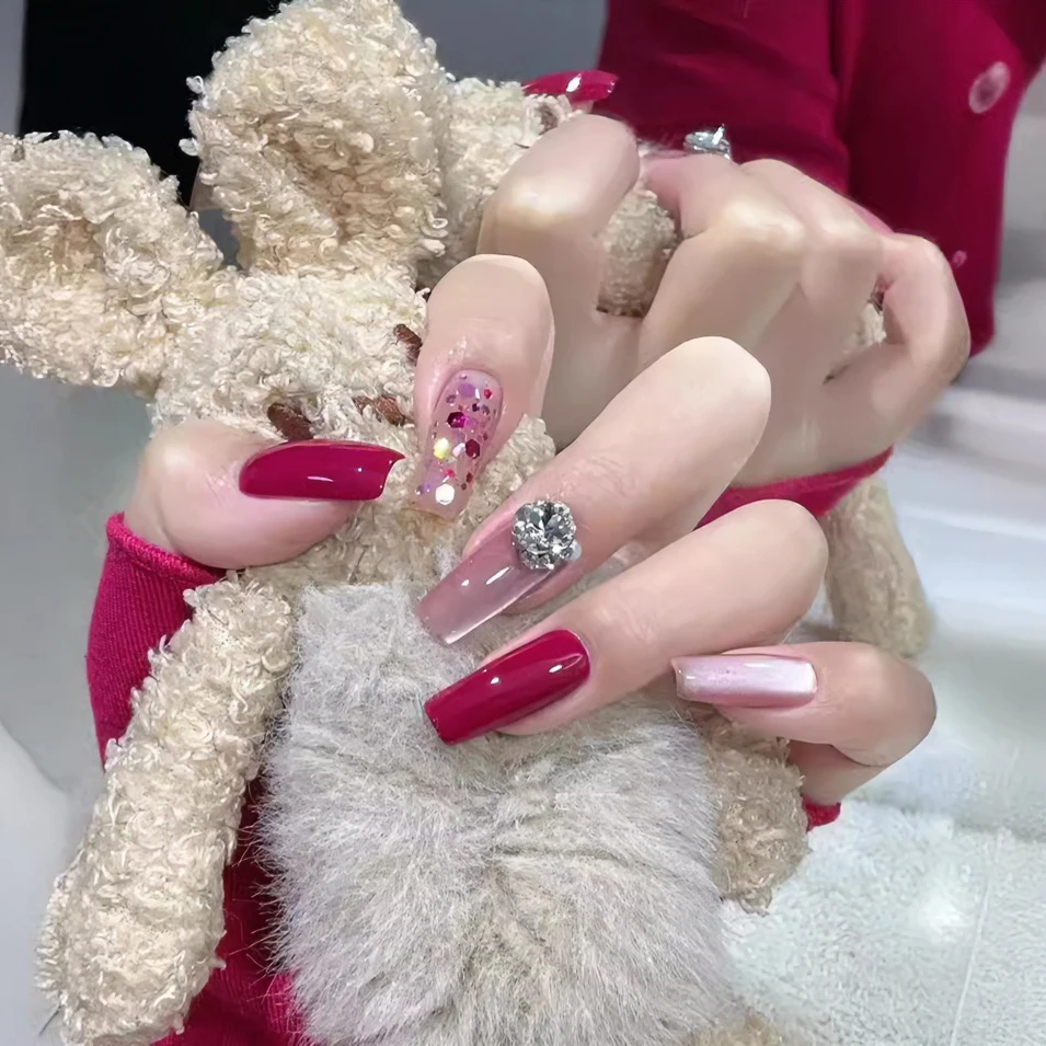 夏季纯手工穿戴甲春夏调色火龙果色清新冰透中长款梯形镶钻美甲