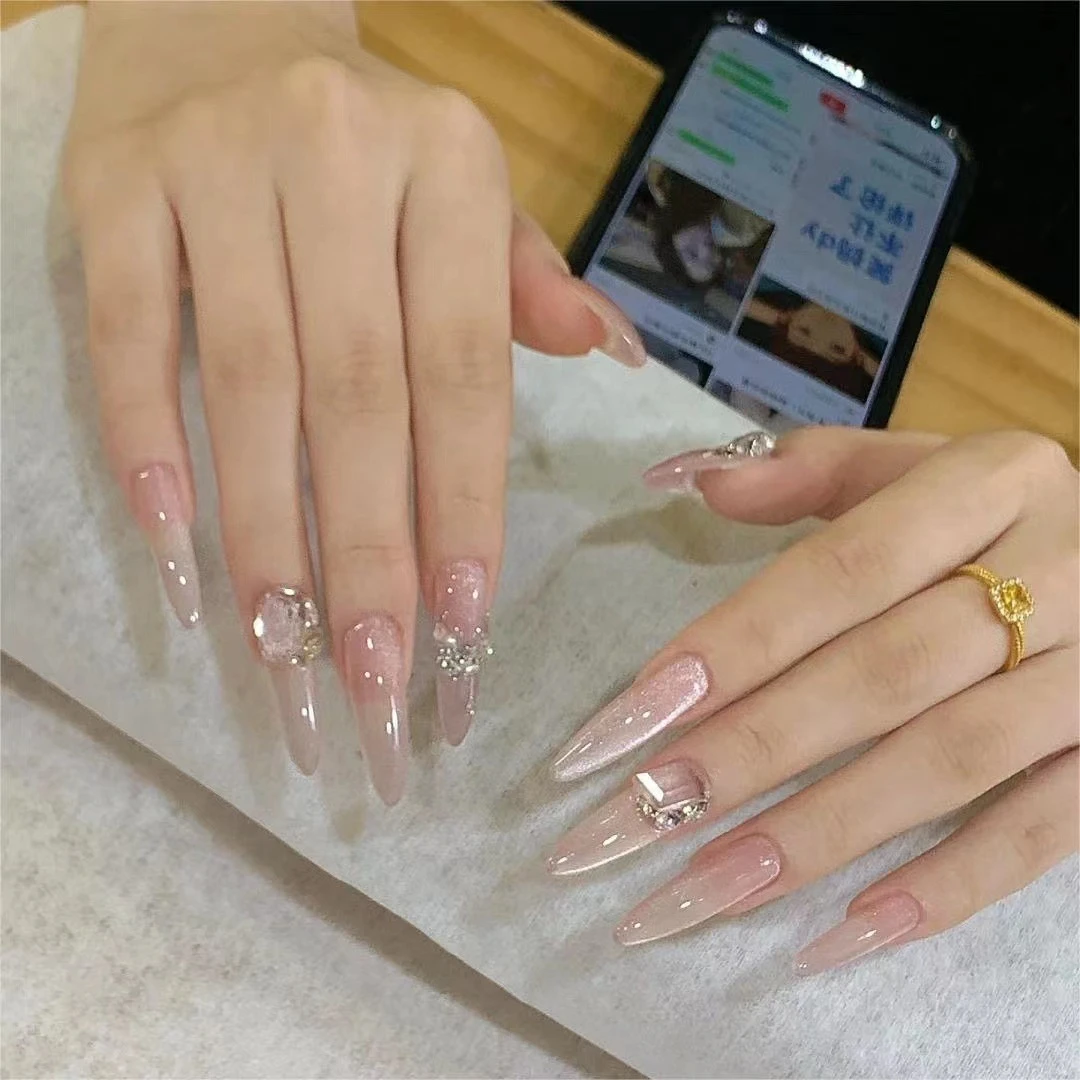 手工穿戴甲高级感猫眼纯欲显白爆闪千金美甲秋冬新款长款穿戴甲