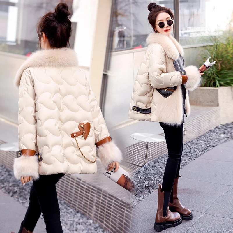 欧货大毛领牛仔拼接棉服女2024冬季新款韩版时尚中长款网红棉服