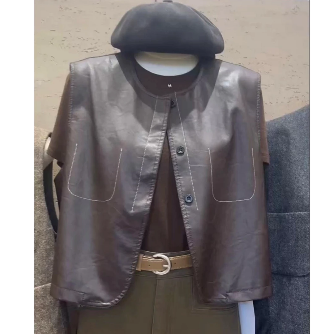 欧货洋气明线单排扣圆领pu皮衣马甲外套女春秋季短款无袖马夹背心