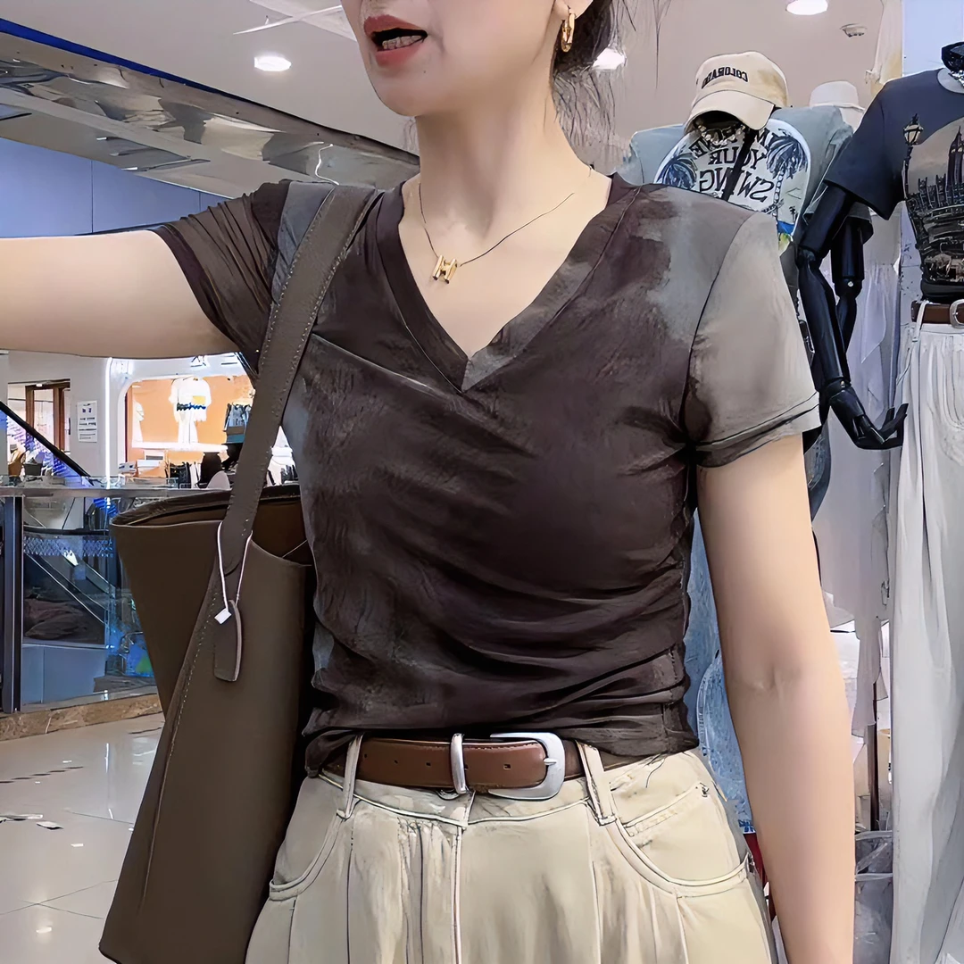 水墨画网纱T恤V领短袖上衣女2023年夏季新款独特别致打底小衫