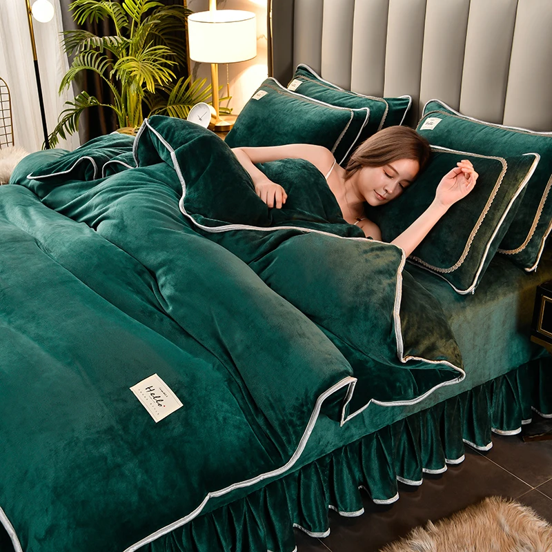 牛奶绒被套四件套 冬季新款加厚加绒床上墨绿被罩双人 床上三件套