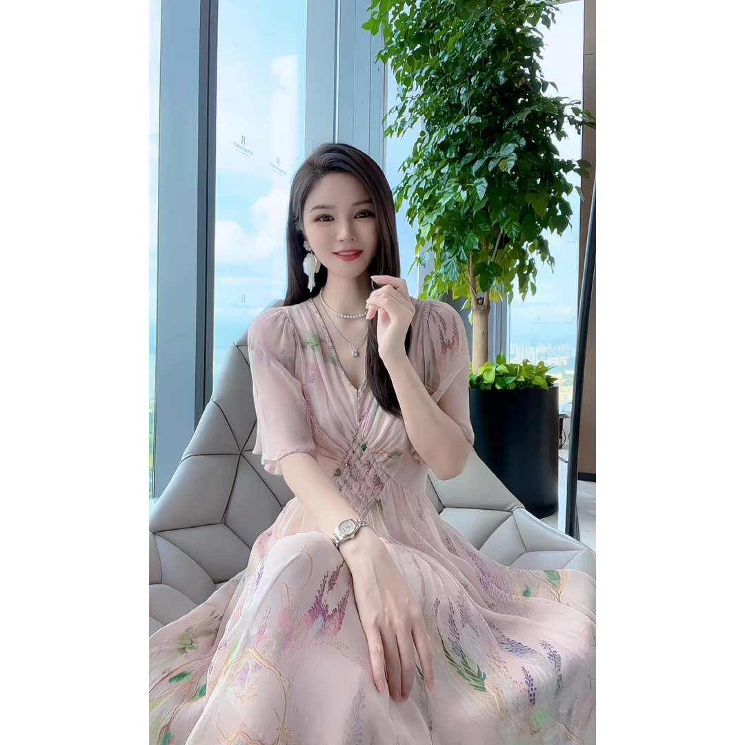 莫奈花园——桑蚕丝夏季优雅气质莫奈花园风连衣裙Q6019